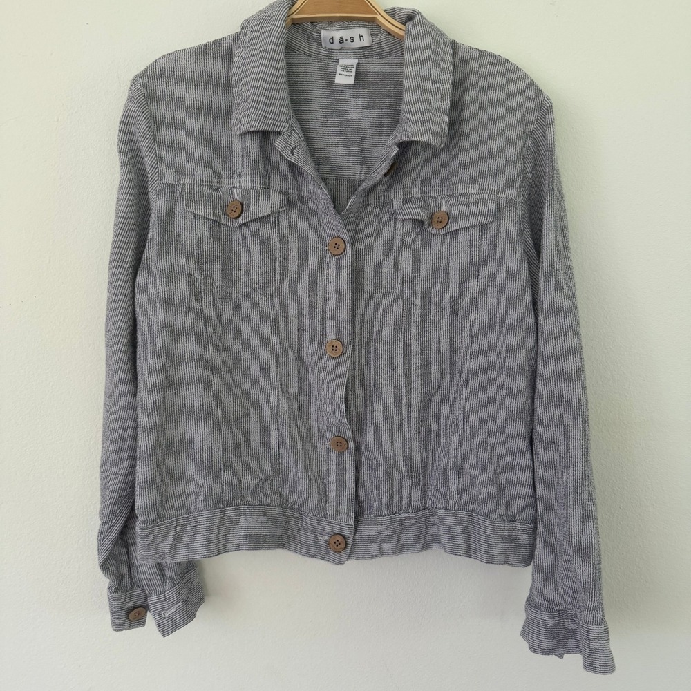 Dash Womens Linen Rayon Pinstripe Button Front Trucker Jacket Blue White Large